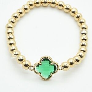 Gold Beaded Bracelet with Green Clover Charm